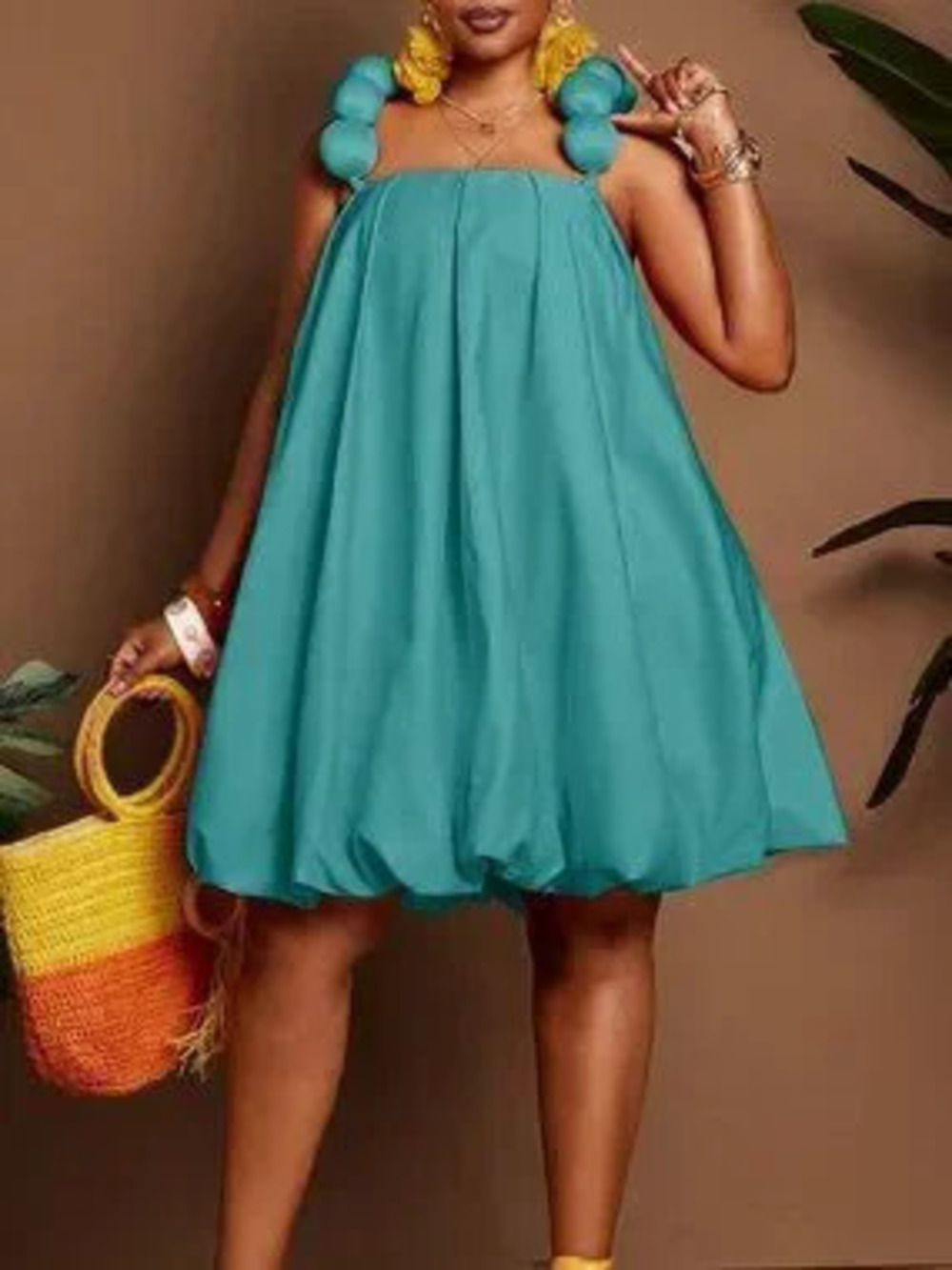 ZARA Teal Blue Casual Women's Sexy Floral Puff Strap Loose Peplum Dress